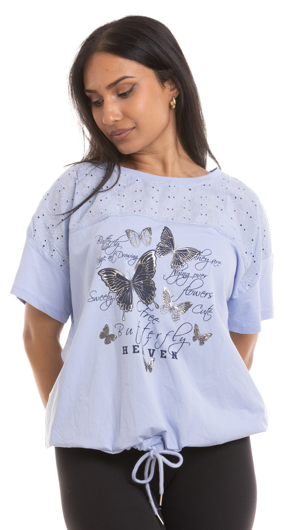 Evidence Short Sleeves Shirt with Draw String Hem Buttfely Eyelet Lace ...